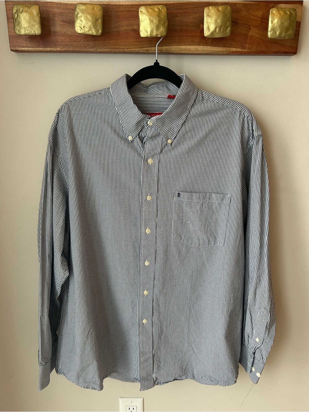 IZOD Blue Gingham Button Down Shirt Men’s Large Preppy Office Cotton Size Large